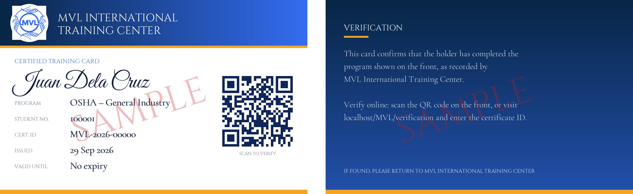 Sample MVL wallet ID card, front and back